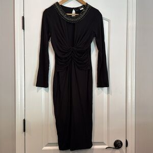 VENUS Black Long Sleeve Front Knot Dress with Beaded Neckline Size Medium